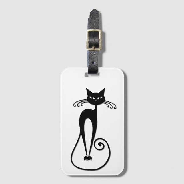 Whimsical Skinny Black Cat Luggage Tag (Front Vertical)