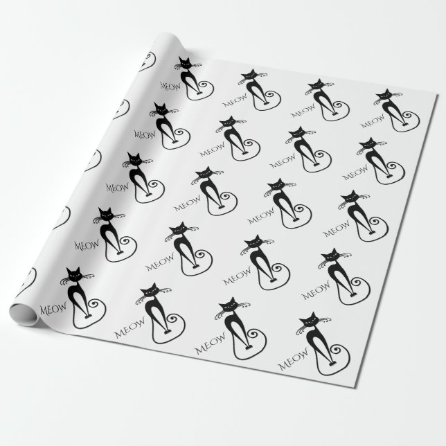 Whimsical Skinny Black Cat MEOW Wrapping Paper (Unrolled)