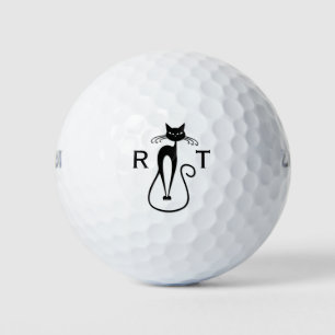 Whimsical Skinny Black Cat Monogrammed Golf Balls