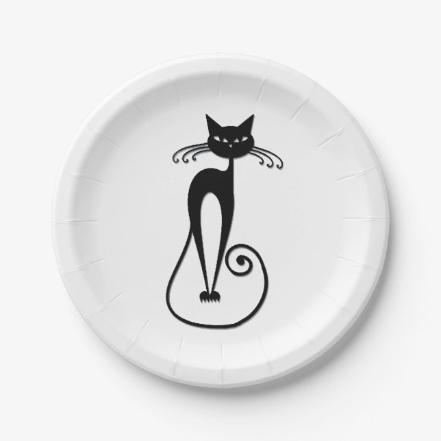 Whimsical Skinny Black Cat Paper Plates (Front)
