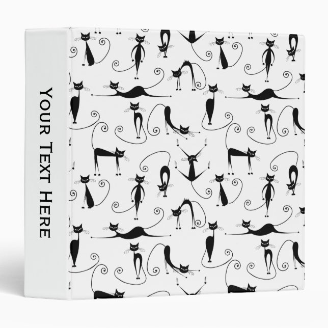 Whimsical Skinny Black Cat Pattern 3 Ring Binder (Front/Spine)