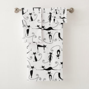 Whimsical Skinny Black Cat Pattern Bath Towel Set