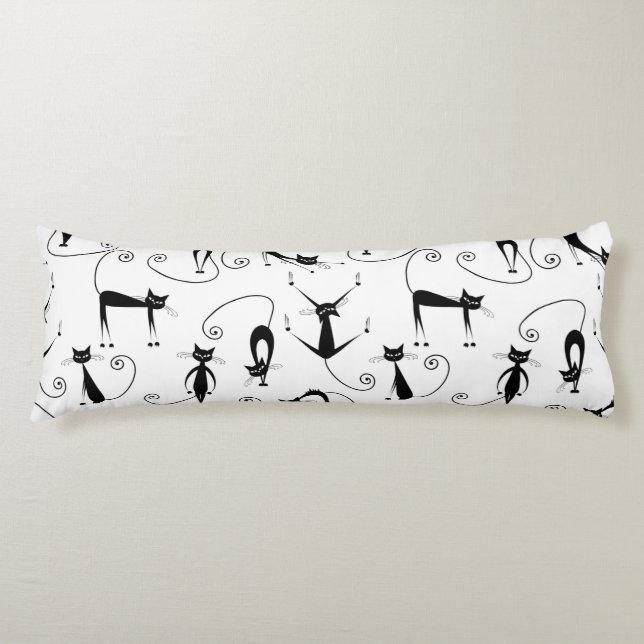 Whimsical Skinny Black Cat Pattern Body Pillow (Front)