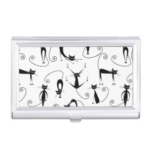 Whimsical Skinny Black Cat Pattern Business Card Case