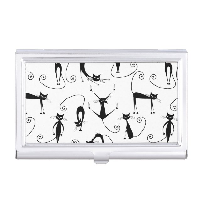 Whimsical Skinny Black Cat Pattern Business Card Case (Front)