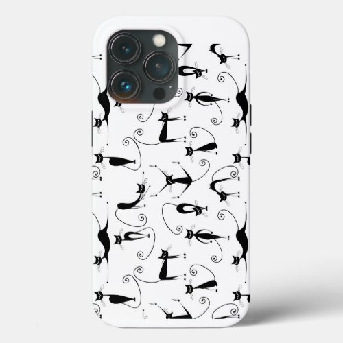Whimsical Skinny Black Cat Pattern iPhone 13 Pro Case
