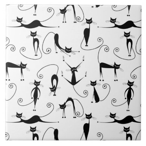 Whimsical Skinny Black Cat Pattern Ceramic Tile