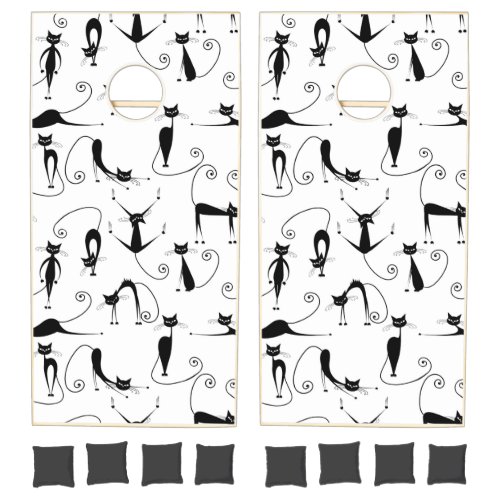 Whimsical Skinny Black Cat Pattern Cornhole Set