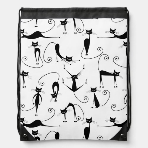 Whimsical Skinny Black Cat Pattern Drawstring Bag