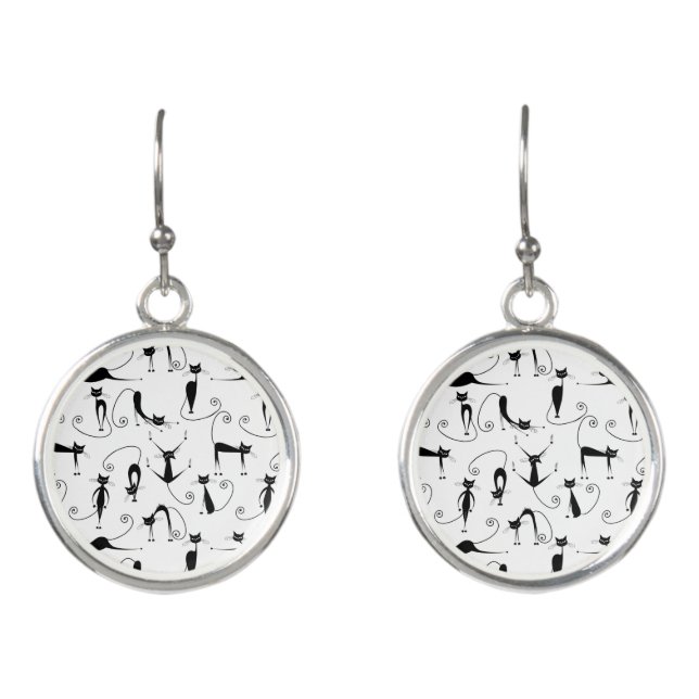 Whimsical Skinny Black Cat Pattern Earrings (Front)