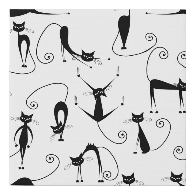 Whimsical Skinny Black Cat Pattern Faux Canvas Print (Front)