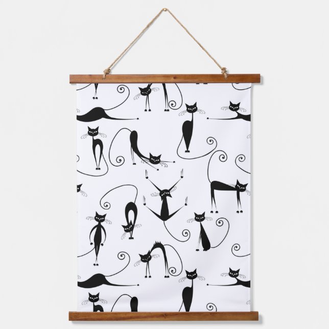 Whimsical Skinny Black Cat Pattern Hanging Tapestry (Front)