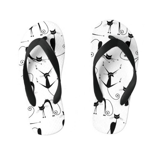 Whimsical Skinny Black Cat Pattern Kids Flip Flops