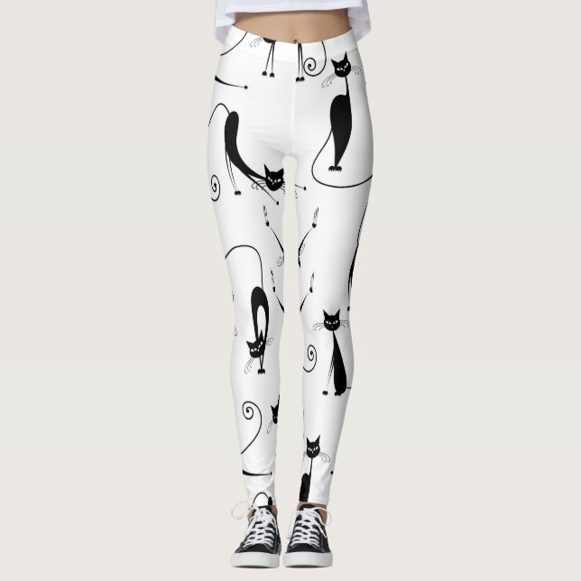 Whimsical Skinny Black Cat Pattern Leggings (Front)