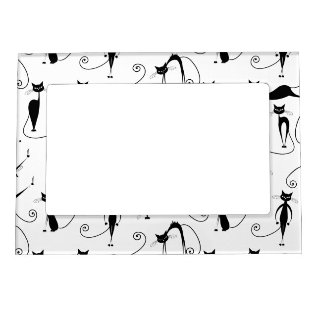 Whimsical Skinny Black Cat Pattern Magnetic Frame (Front)
