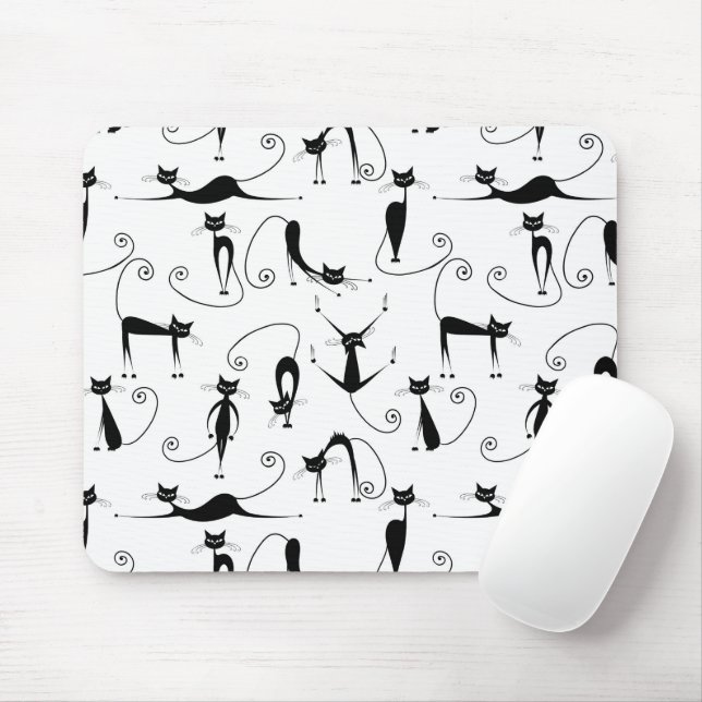 Whimsical Skinny Black Cat Pattern Mouse Pad (With Mouse)