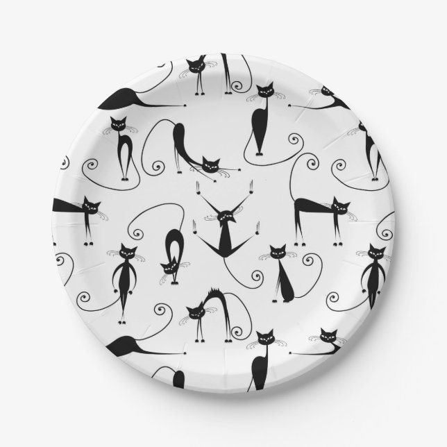 Whimsical Skinny Black Cat Pattern Paper Plates (Front)