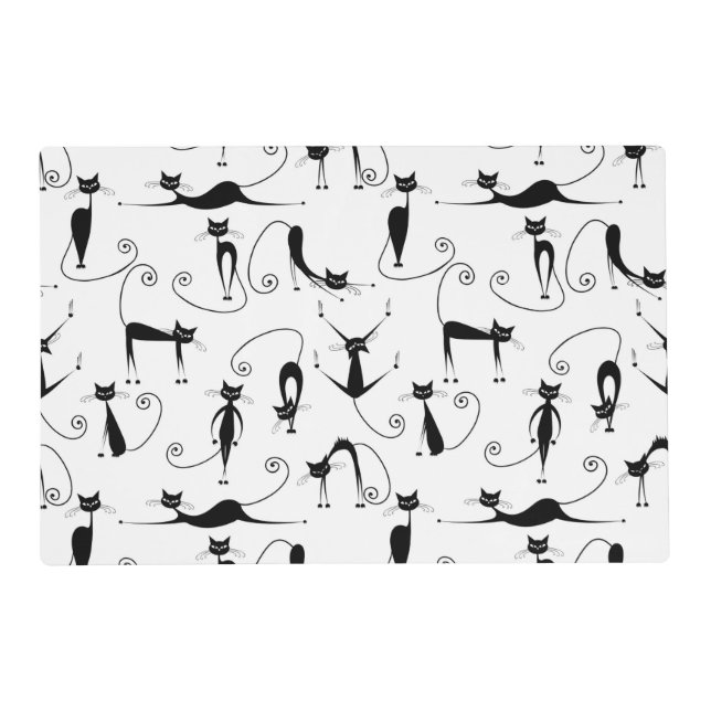 Whimsical Skinny Black Cat Pattern Placemat (Front)