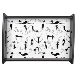 Whimsical Skinny Black Cat Pattern Serving Tray