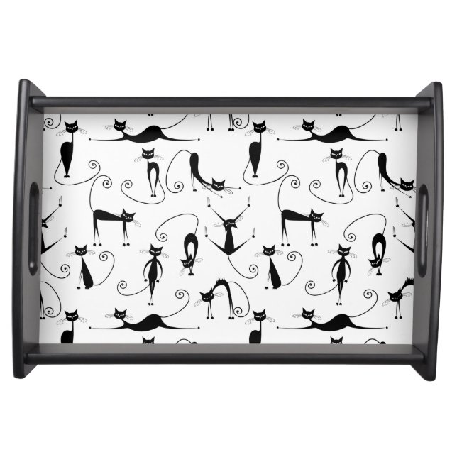 Whimsical Skinny Black Cat Pattern Serving Tray (Front)