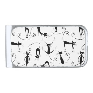 Whimsical Skinny Black Cat Pattern Silver Finish Money Clip