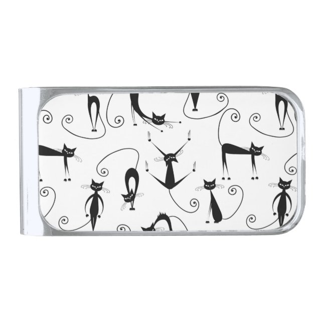 Whimsical Skinny Black Cat Pattern Silver Finish Money Clip (Front)