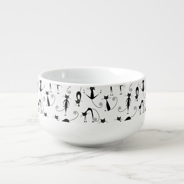 Whimsical Skinny Black Cat Pattern Soup Mug (Front)