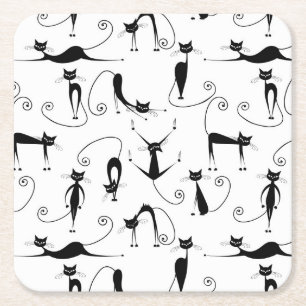 Whimsical Skinny Black Cat Pattern Square Paper Coaster