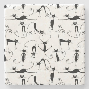Whimsical Skinny Black Cat Pattern Stone Coaster