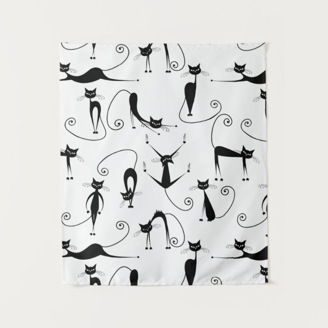 Whimsical Skinny Black Cat Pattern Tapestry (Front)