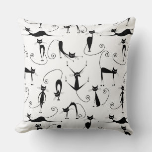 Whimsical Skinny Black Cat Pattern Throw Pillow