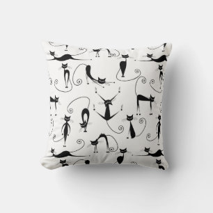Whimsical Skinny Black Cat Pattern Throw Pillow
