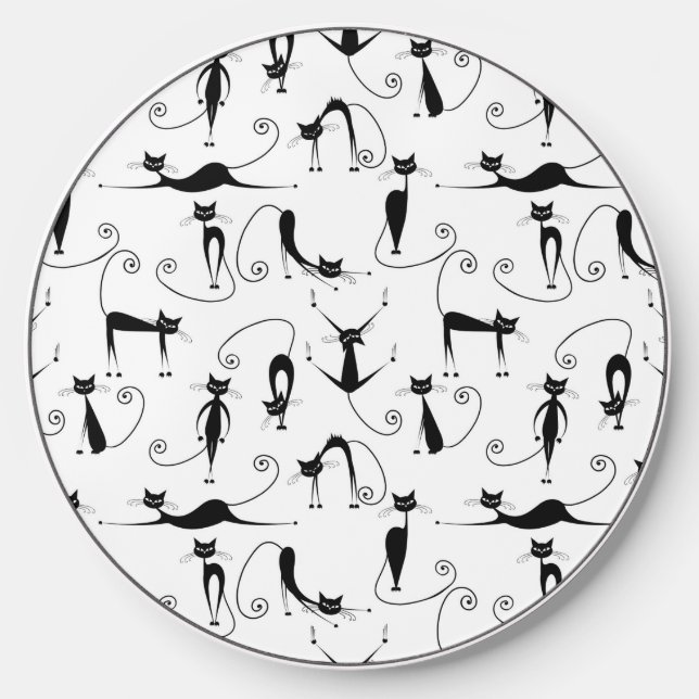 Whimsical Skinny Black Cat Pattern Wireless Charger (Front)