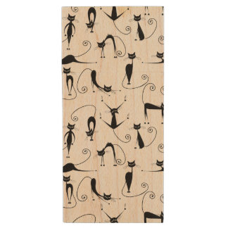Whimsical Skinny Black Cat Pattern Wood Flash Drive