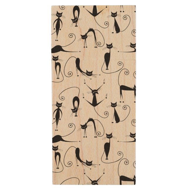Whimsical Skinny Black Cat Pattern Wood Flash Drive (Front Vertical)
