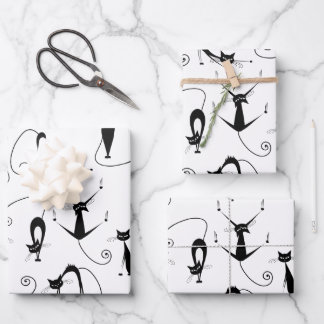 Whimsical Skinny Black Cat Pattern Wrapping Paper Sheets