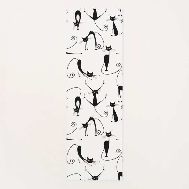 Whimsical Skinny Black Cat Pattern Yoga Mat (Front)