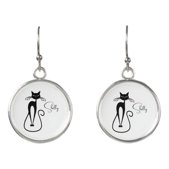 Whimsical Skinny Black Cat Personal Earrings (Front)
