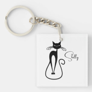 Whimsical Skinny Black Cat Personal Keychain