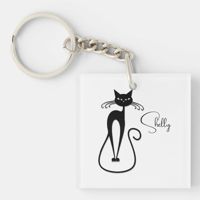 Whimsical Skinny Black Cat Personal Keychain (Front)
