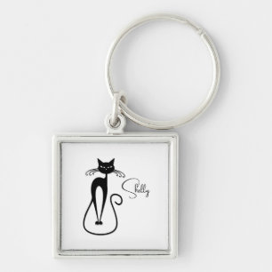 Whimsical Skinny Black Cat Personal Keychain
