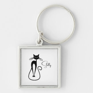 Whimsical Skinny Black Cat Personal Keychain