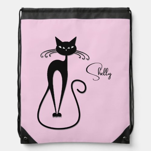Whimsical Skinny Black Cat Personal Pink Drawstring Bag