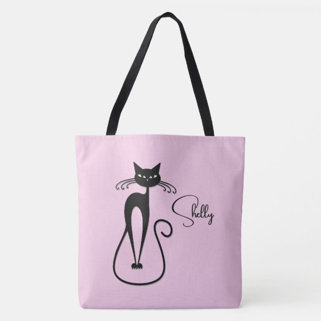 Whimsical Skinny Black Cat Personal Pink Tote Bag (Front)