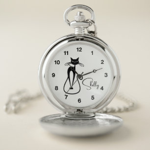 Whimsical Skinny Black Cat Personal Pocket Watch