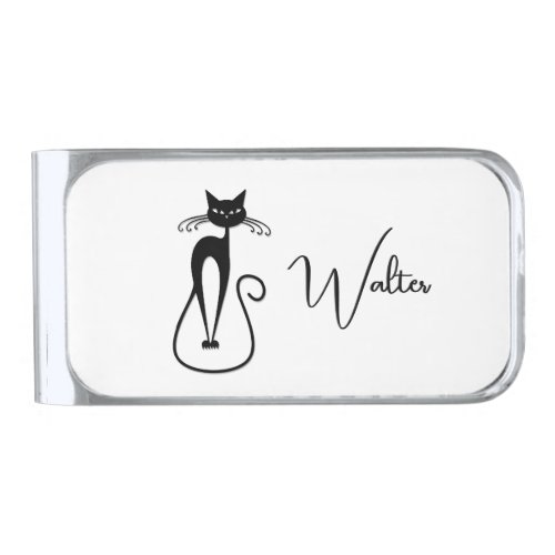 Whimsical Skinny Black Cat Personal Silver Finish Money Clip