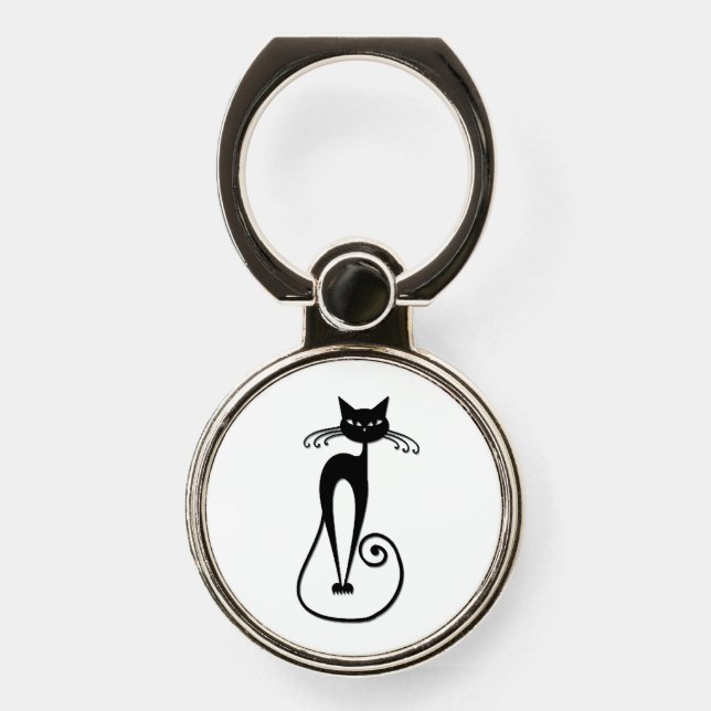 Whimsical Skinny Black Cat Phone Ring Stand (Front)