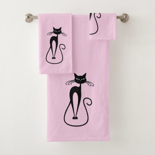 Whimsical Skinny Black Cat Pink Bath Towel Set