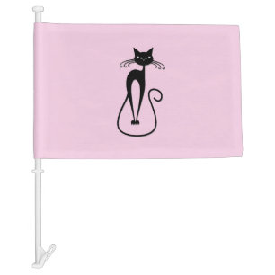 Whimsical Skinny Black Cat Pink Car Flag
