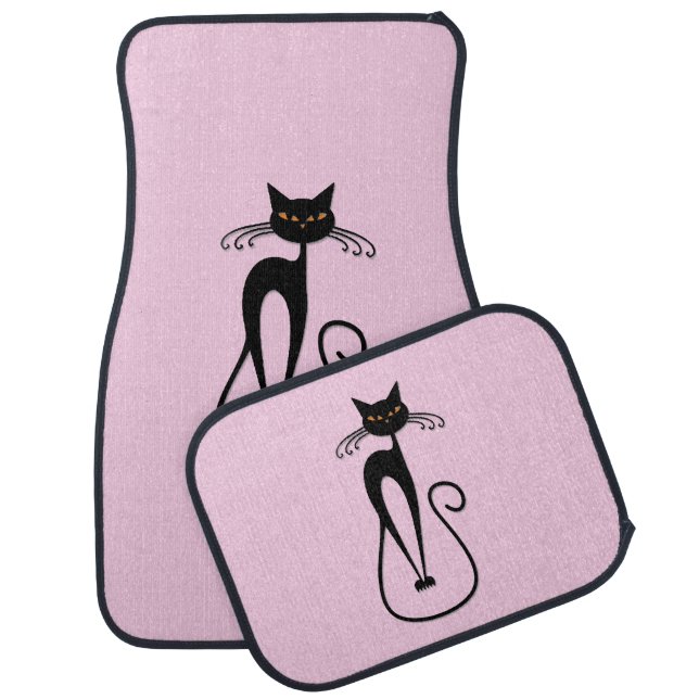 Whimsical Skinny Black Cat Pink Car Floor Mat (Set)